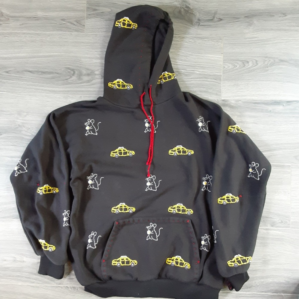 ONE432 Mens M Black Embroidered Taxi and Pizza Rat Handmade Hoodie Streetwear